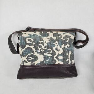 Myra Bag Camouflage Blue Gray Canvas with Brown Leather Crossbody Bag